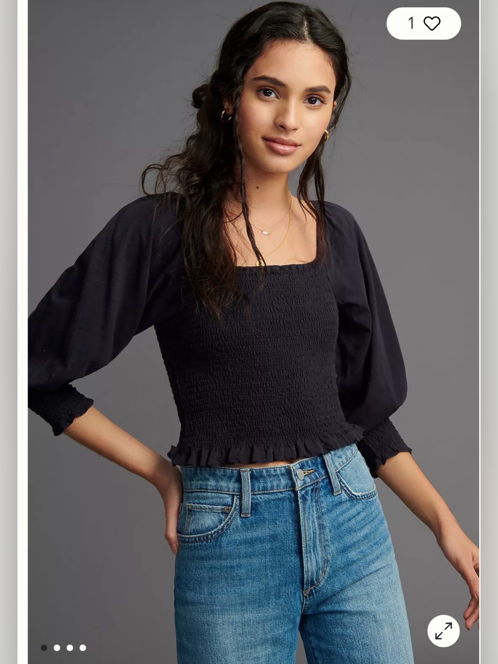 Anthropologie-Pilcro-Ginny-Black-Smocked-Crop-Top-Cottage-Whimsy-100% Cotton-S